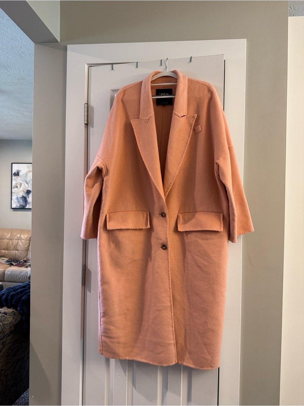 Zara Women's Oversize Peach Wool Blend Lapel Collar Coat / Cardigan,  Size Large